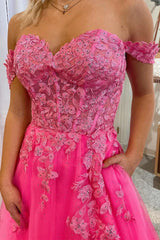 Pink Off The Shoulder Appliques Tulle Beading Prom Dress
