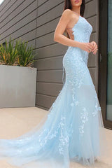 Appliques Cross Criss Backless Ice Blue Lace Prom Dress