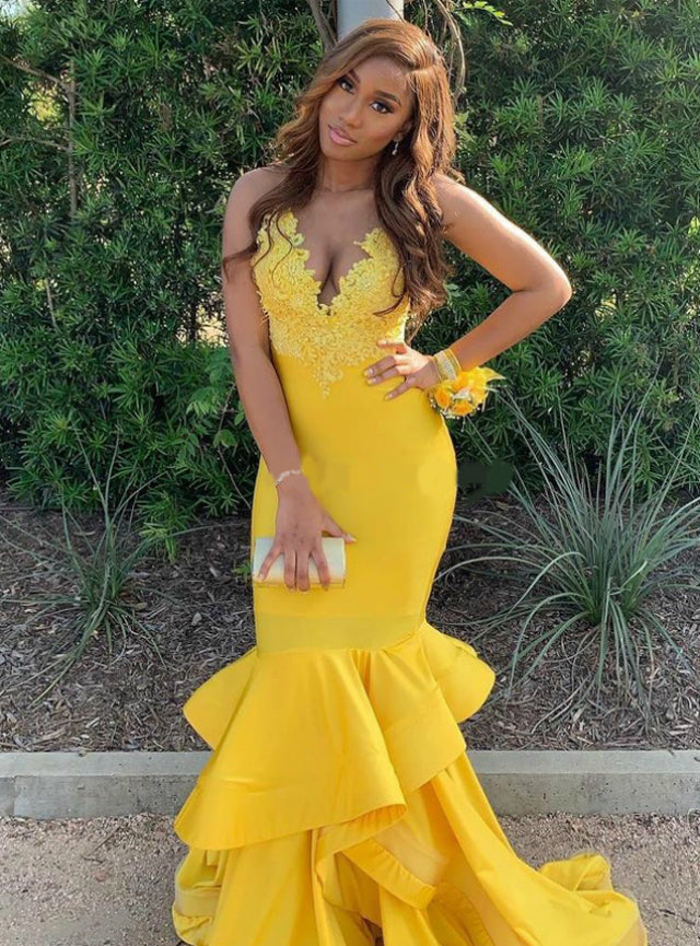 Deep V-neck Appliques Satin Yellow Mermaid Prom Dress
