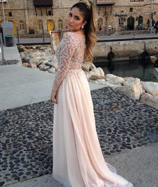 Unique round neck sequin long prom dress, evening dress - RongMoon