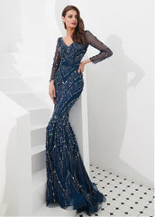 Lace V-neck Long Sleeve Blue Mermaid Evening Dress
