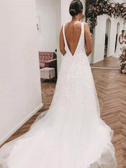 Deep V Neck Appliques White Sweep Train Formal Dress