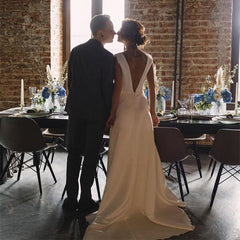 Backless Beach Satin Long Simple V-neck Wedding Dress