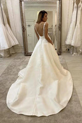 A-line Satin V-neck Wedding Dress With Lace Appliques