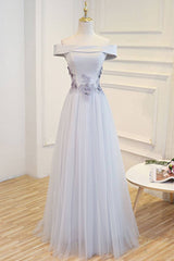Gray tulle off shoulder lace long prom dress gray tulle formal dress - RongMoon
