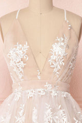 Champagne v neck tulle lace short prom dress champagne tulle bridesmaid dress - RongMoon
