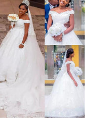 Beading Tulle Off-the-shoulder 3D Flowers Ball Gown Wedding Dress
