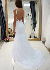 Tulle & Lace Spaghetti Straps Long Backless Mermaid Wedding Dress
