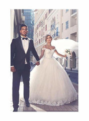 White Off Shoulder Ball Gown Lace Applique Bridal Wedding Dress