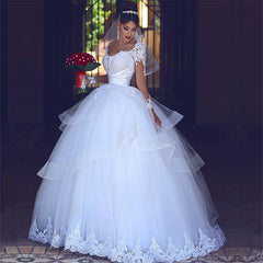 Long Sleeves Sheer Lace Tulle Puffy Tulle Ball Gown Wedding Dress