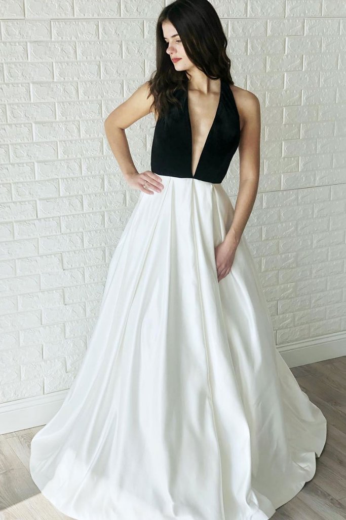 Satin Long Backless White and Black V Neck Prom Dress