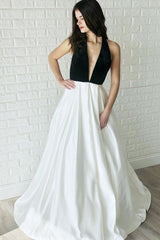 Satin Long Backless White and Black V Neck Prom Dress