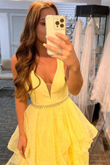 Daffodil V Neck Beading Ruffles A Line Prom Dress