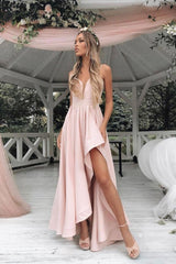 High Low Pink Satin Spaghetti Straps Prom Dress