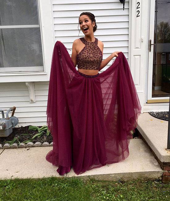 Burgundy two pieces sequin long prom dress, evening dress - RongMoon