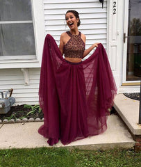 Burgundy two pieces sequin long prom dress, evening dress - RongMoon