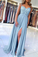 Appliques Sky Blue Chiffon Floor Length Spaghetti Straps Prom Dress