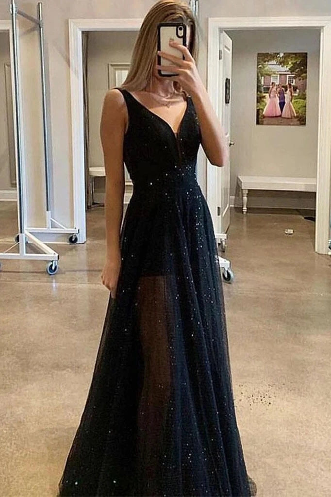 Sequin High Low A Line Black V Neck Tulle Prom Dress