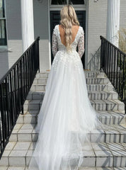 Mermaid V Neck Backless Long Sleeves Tulle Wedding Dress