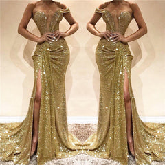 Sequins Gold Mermaid One Shoulder Side Slit Long Prom Dress