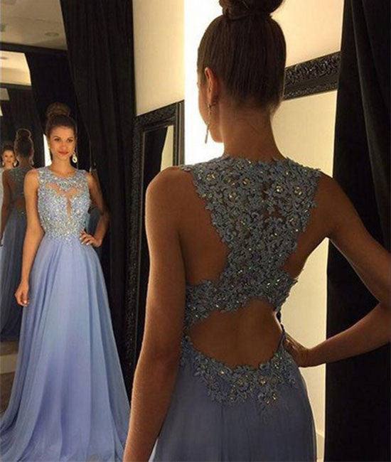A-line Round Neck Chiffon Lace Long Prom Dress, Evening Dress - RongMoon