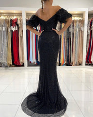 Black Off The Shoulder Sparkle Puffy Sleeve Trumpet Mermaid Formal Dress