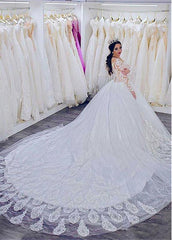 Long Sleeves Tulle Sheer Jewel Beading Ball Gown Wedding Dress