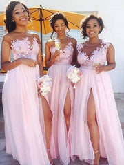 Pink Princess Scoop Applique Chiffon Bridesmaid Dress