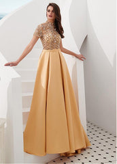 Tulle & Satin High Collar Gold  A-line Prom Dress