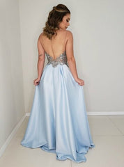 Red Satin Appliques Sexy Backless A-Line Prom Dress With Side Split