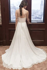 V Neck White Chiffon A Line Wedding Dress