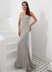Tulle Spaghetti Straps Silver Mermaid Evening Dress With Rhinestones