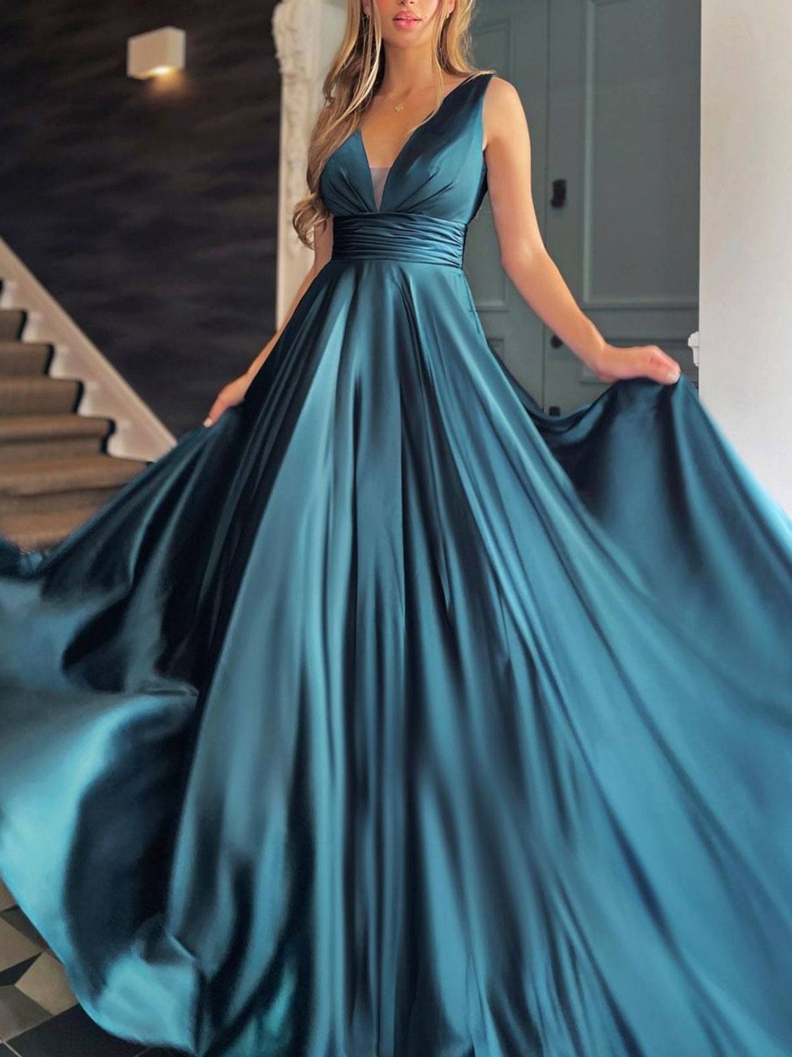 Green A line satin long prom dress, green evening dress - RongMoon