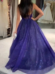 Sexy Deep V Neck Long Tulle Sequin Prom Formal Dress