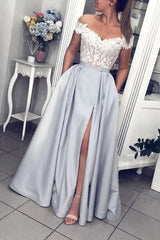 Gray Appliques Satin Off The Shoulder Prom Dress With Slit
