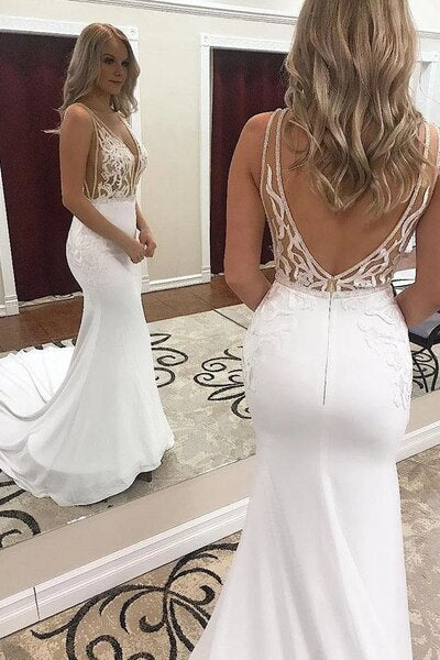 Deep V-Neck White Pretty Sexy Mermaid Wedding Dress