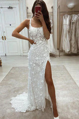 Straps  Applique Long Wedding Dress With Detachable Train