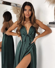 A-Line Burgundy Satin Spaghetti Straps Prom Dress With Side Split
