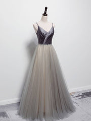 Simple gray v neck tulle long prom dress, gray tulle formal dress - RongMoon