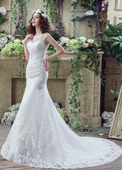 Elegant Tulle Bateau Neckline Mermaid Wedding Dresses With Beaded Lace Appliques