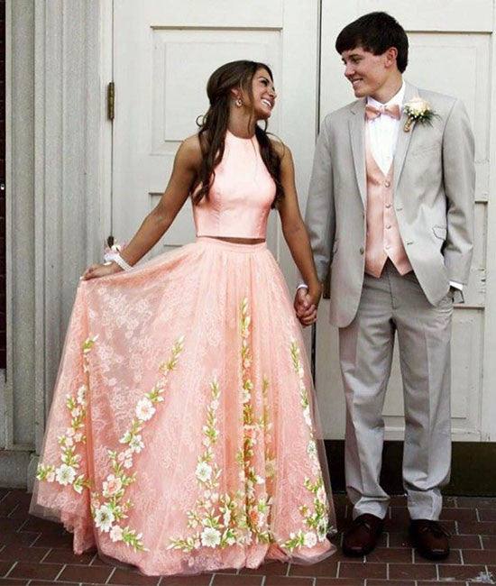 Pink tulle lace two pieces long prom dress, pink evening dress - RongMoon