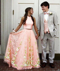 Pink tulle lace two pieces long prom dress, pink evening dress - RongMoon
