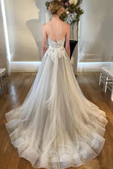 A Line Silver Grey Sweetheart Appliques Long Prom Dress