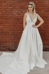 Sweep Train Backless Simple Sexy V Neck Satin Wedding Dress