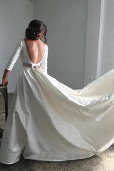 Scoop Belt 3/4 Sleeves Satin Beading Crystals Wedding Dress
