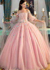 Tulle Off-the-shoulder Pink Long Sleeves Ball Gown Prom Dress With 3D Flowers