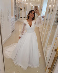 White Flowers Beading V Neck Long Sleeves Formal Dress