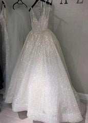 Tulle V-neck Backless Floor-length A-line Wedding Dress
