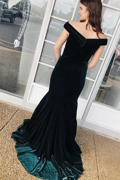 Mermaid Velvet Off the Shoulder Sexy Dark Green Prom Dress