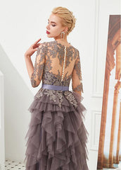 Half Sleeves A-line Lace Appliques Jewel Gray Evening Dress